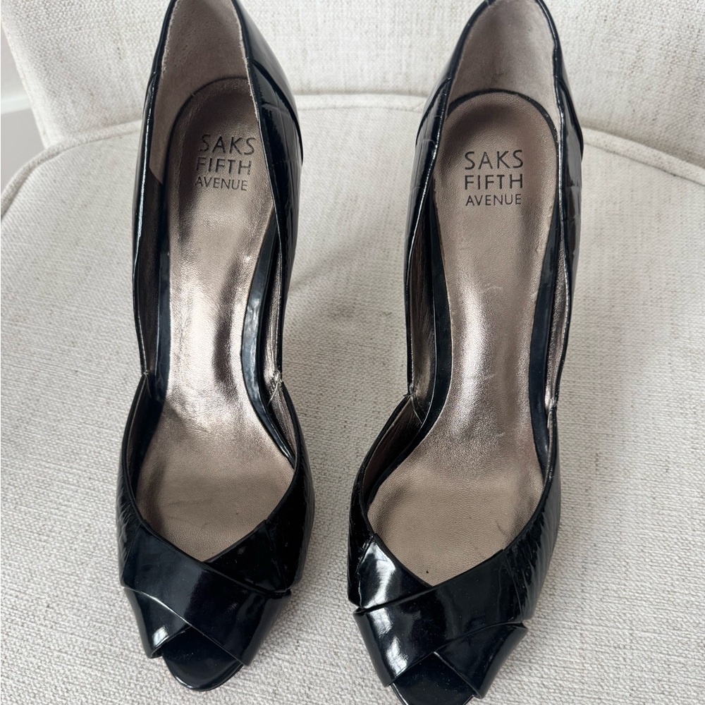 Saks Fifth Avenue Glossy Black Peep-Toe Heels